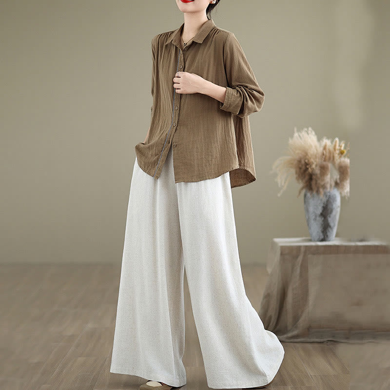 Buddha Stones Commute Plain Simple Lace-Up Design Women's Wide Leg Cotton Linen Pants With Pockets - image 21