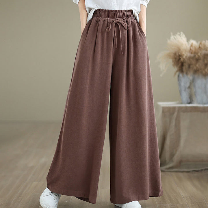 Buddha Stones Commute Plain Simple Lace-Up Design Women's Wide Leg Cotton Linen Pants With Pockets - image 11