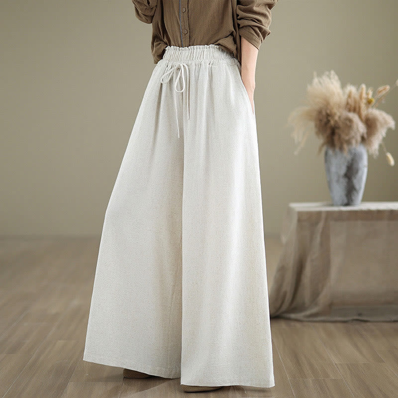 Buddha Stones Commute Plain Simple Lace-Up Design Women's Wide Leg Cotton Linen Pants With Pockets - GhostWhite - US6，UK/AU10，EU38 (XL) - image 16