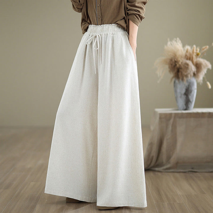 Buddha Stones Commute Plain Simple Lace-Up Design Women's Wide Leg Cotton Linen Pants With Pockets - GhostWhite - US6，UK/AU10，EU38 (XL) - image 16