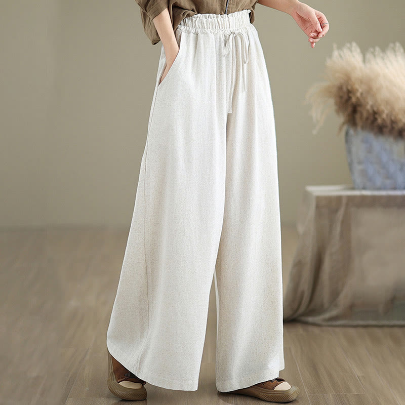 Buddha Stones Commute Plain Simple Lace-Up Design Women's Wide Leg Cotton Linen Pants With Pockets - image 18