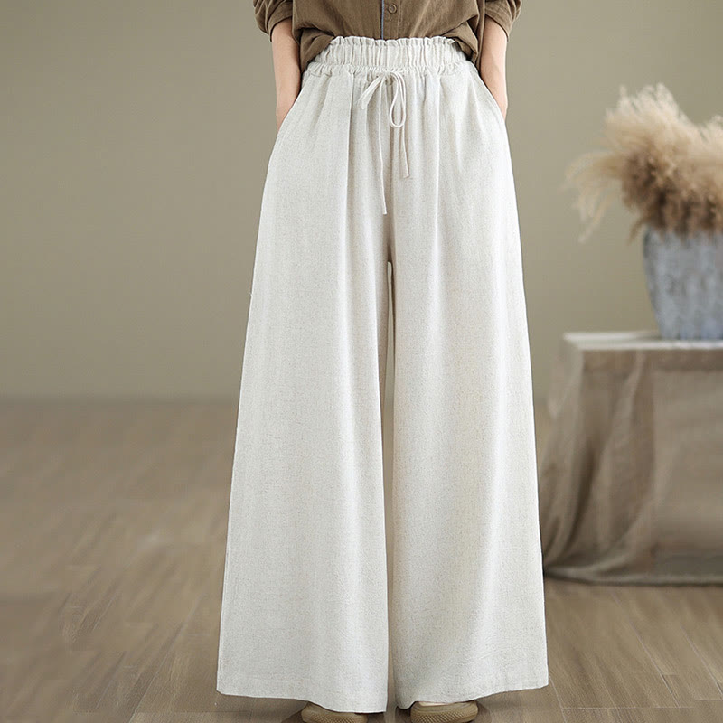 Buddha Stones Commute Plain Simple Lace-Up Design Women's Wide Leg Cotton Linen Pants With Pockets - image 17