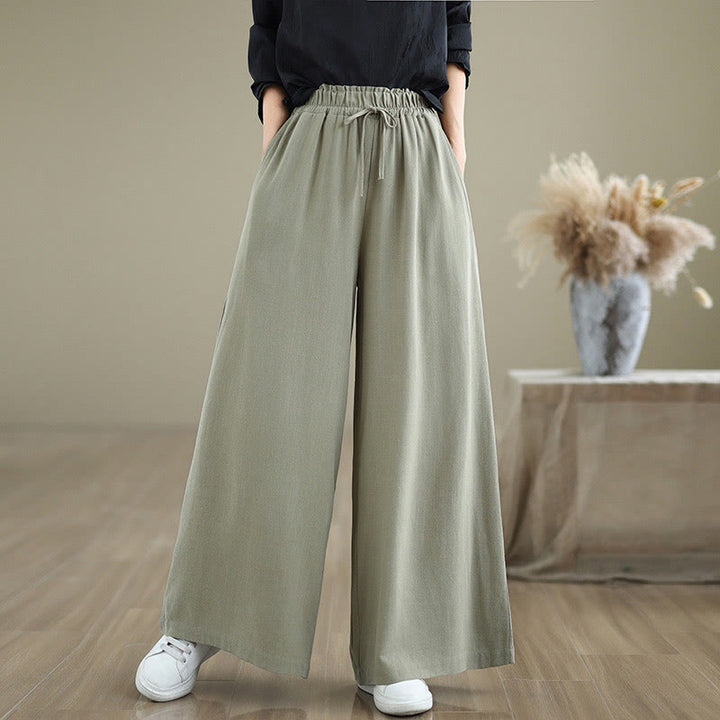 Buddha Stones Commute Plain Simple Lace-Up Design Women's Wide Leg Cotton Linen Pants With Pockets - DarkSeaGreen - US6，UK/AU10，EU38 (XL) - image 0