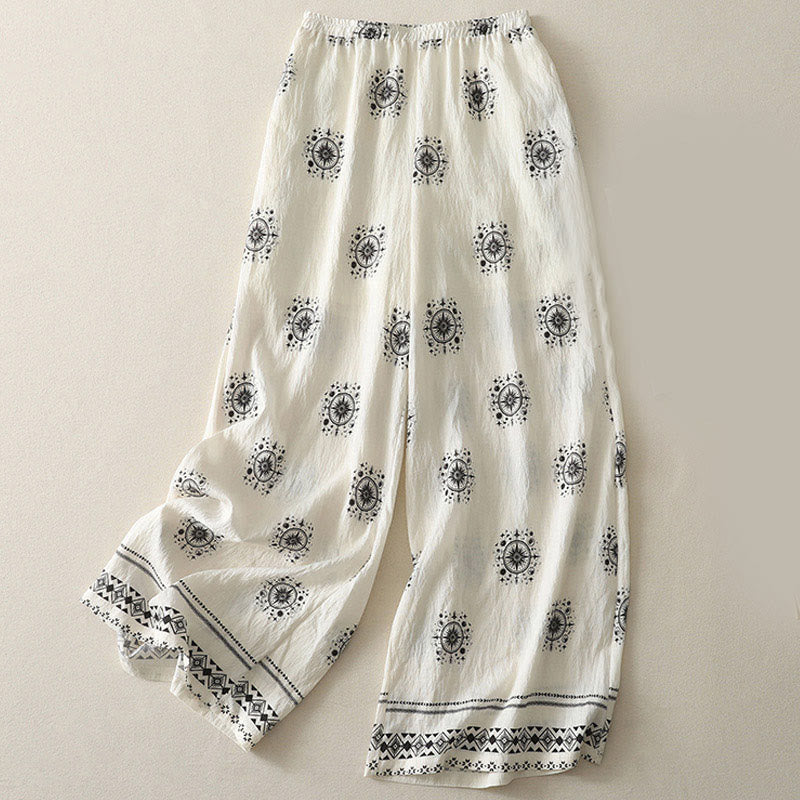 Buddha Stones Bohemian Printing Celestial Pattern Women's Wide Leg Cotton Pants With Pockets - White - US8-10，UK/AU12-14，EU40-42 (2XL) - image 4