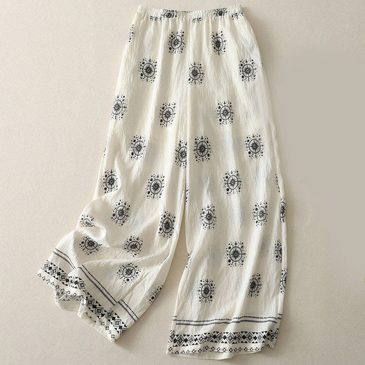 Buddha Stones Bohemian Printing Celestial Pattern Women's Wide Leg Cotton Pants With Pockets - White - US8-10，UK/AU12-14，EU40-42 (2XL) - image 4
