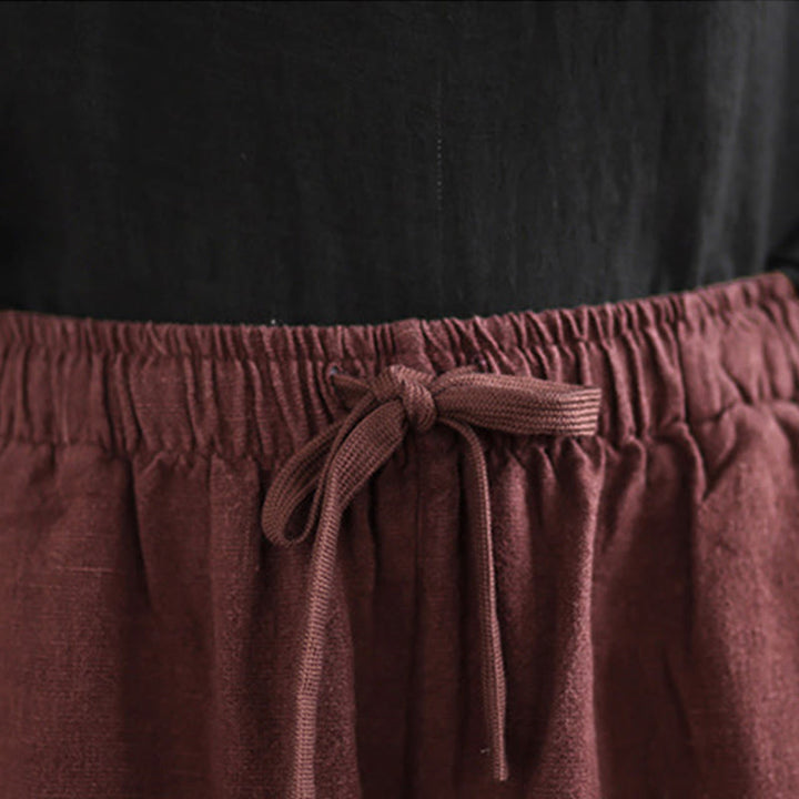 Buddha Stones Commute Retro Solid Color Women's Harem Drawstring Cotton Pants With Pockets - image 11