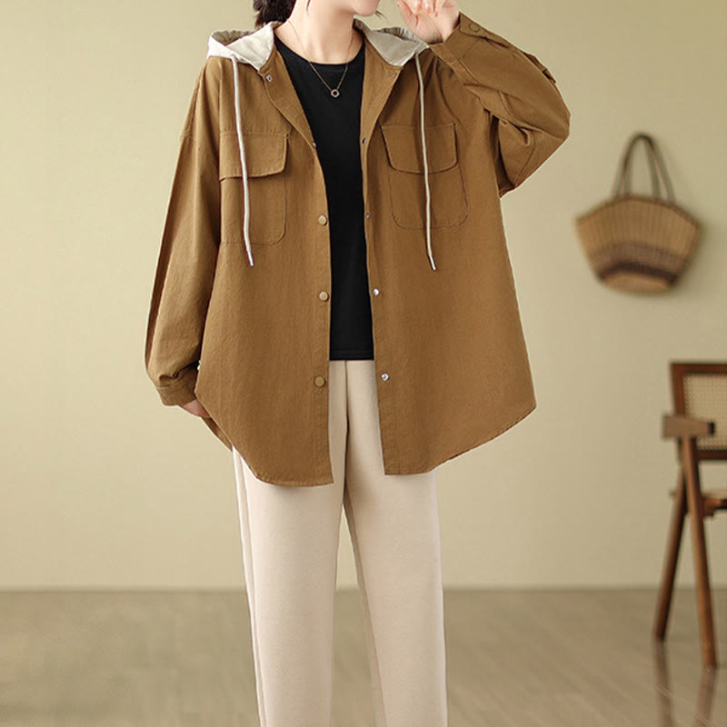 Buddha Stones Casual Commute Drawstring Hoodie Women's Cotton Linen Jacket With Pockets - image 11