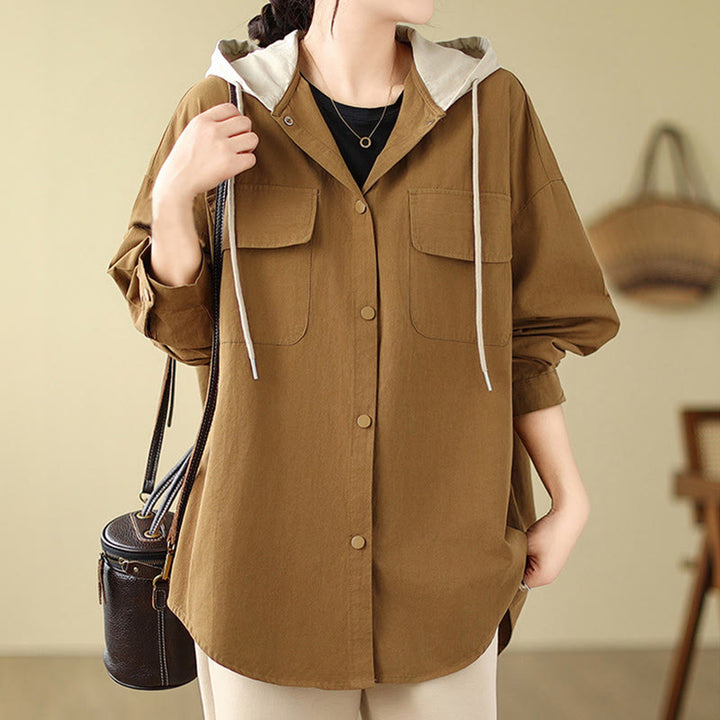 Buddha Stones Casual Commute Drawstring Hoodie Women's Cotton Linen Jacket With Pockets - image 9