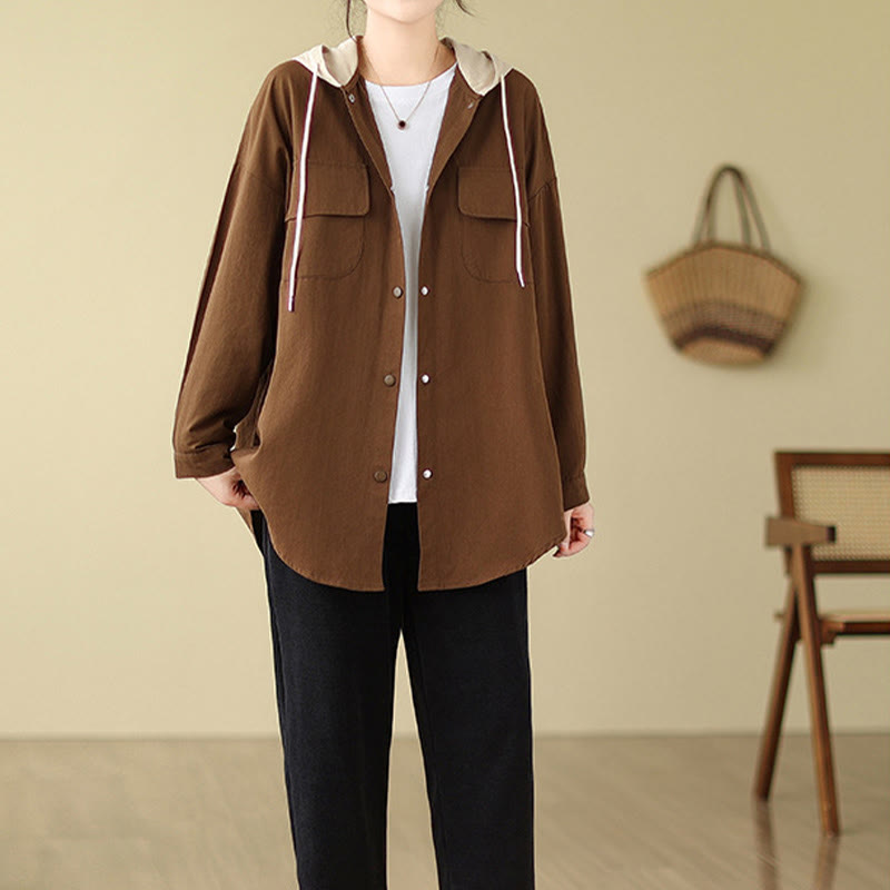 Buddha Stones Casual Commute Drawstring Hoodie Women's Cotton Linen Jacket With Pockets - image 5