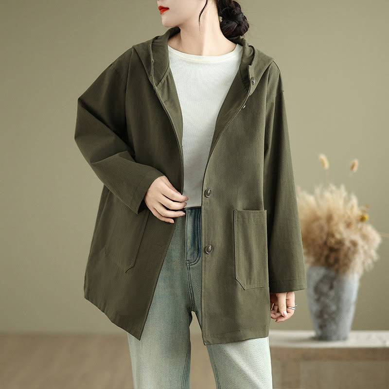 Buddha Stones Fall Vintage Hoodie Women's Cotton Linen Jacket With Front Pockets - OliveDrab - US6，UK/AU10，EU38 (XL) - image 0