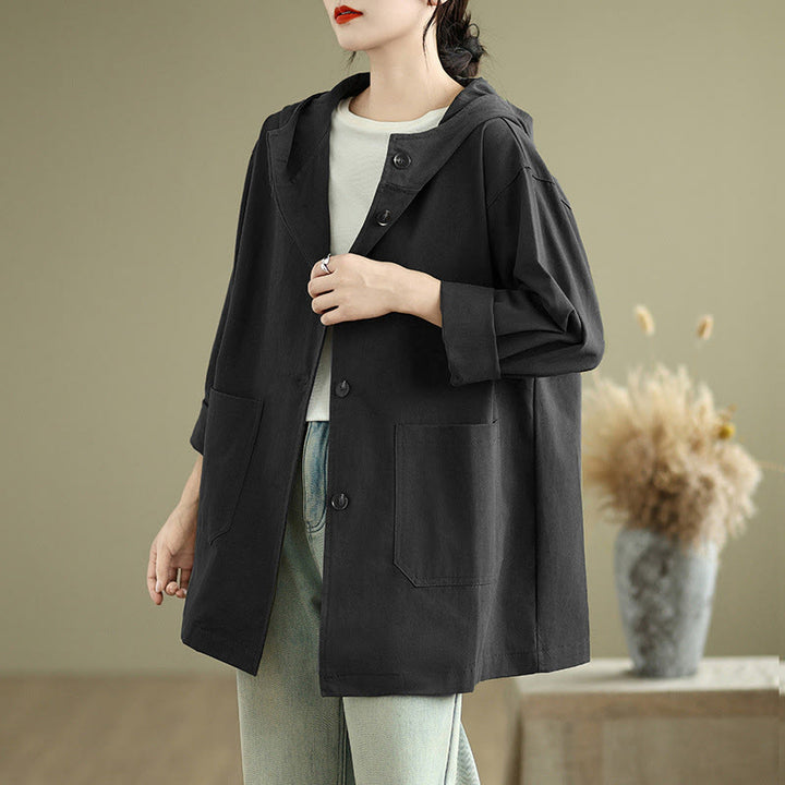 Buddha Stones Fall Vintage Hoodie Women's Cotton Linen Jacket With Front Pockets - Black - US6，UK/AU10，EU38 (XL) - image 16