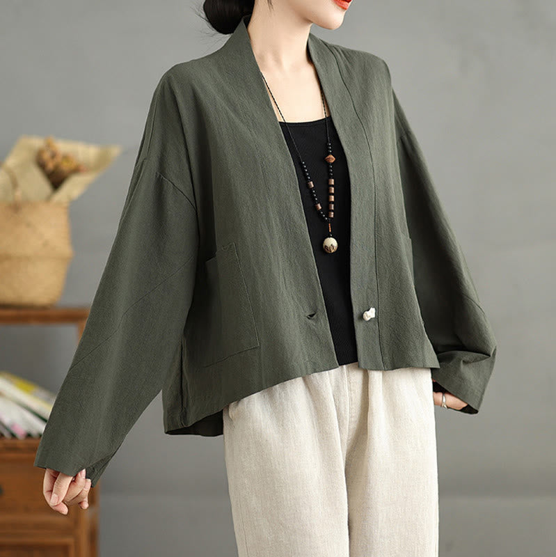 Buddha Stones Casual Vintage Plain Long Sleeve Open Front Cotton Linen Jacket With Pockets - image 15