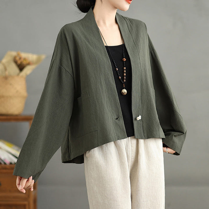 Buddha Stones Casual Vintage Plain Long Sleeve Open Front Cotton Linen Jacket With Pockets - image 15