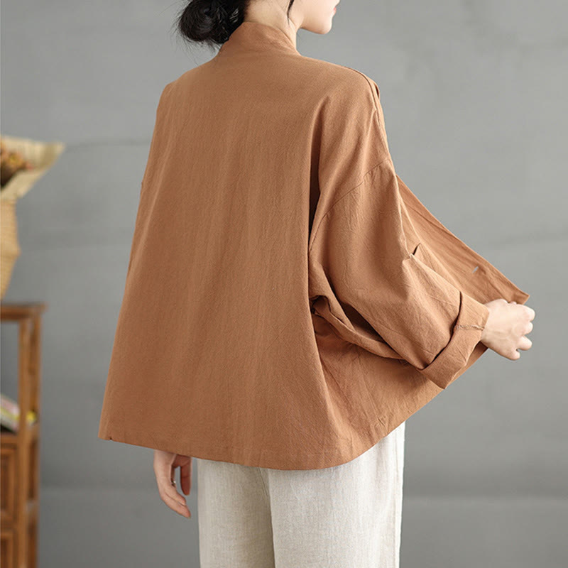 Buddha Stones Casual Vintage Plain Long Sleeve Open Front Cotton Linen Jacket With Pockets - image 1