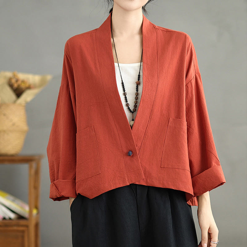 Buddha Stones Casual Vintage Plain Long Sleeve Open Front Cardigan Cotton Linen Jacket With Pockets - image 9