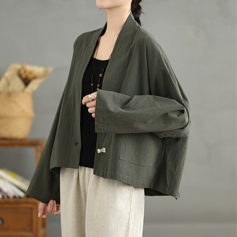 Buddha Stones Casual Vintage Plain Long Sleeve Open Front Cardigan Cotton Linen Jacket With Pockets - image 16