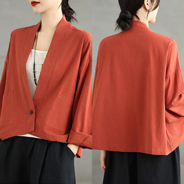 Buddha Stones Casual Vintage Plain Long Sleeve Open Front Cotton Linen Jacket With Pockets - image 12