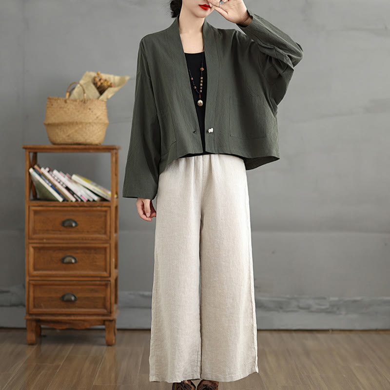 Buddha Stones Casual Vintage Plain Long Sleeve Open Front Cardigan Cotton Linen Jacket With Pockets - image 17
