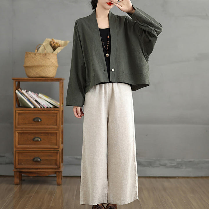 Buddha Stones Casual Vintage Plain Long Sleeve Open Front Cardigan Cotton Linen Jacket With Pockets - image 17