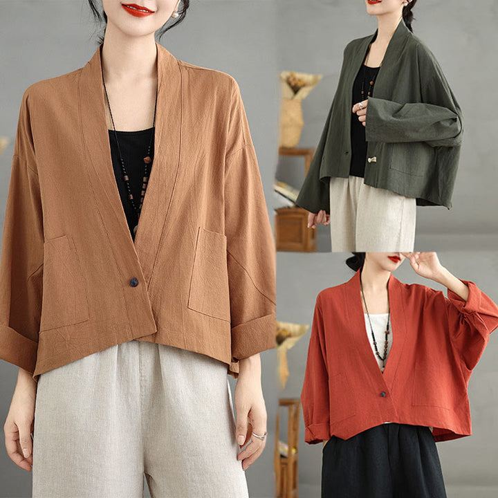 Buddha Stones Casual Vintage Plain Long Sleeve Open Front Cotton Linen Jacket With Pockets - image 21