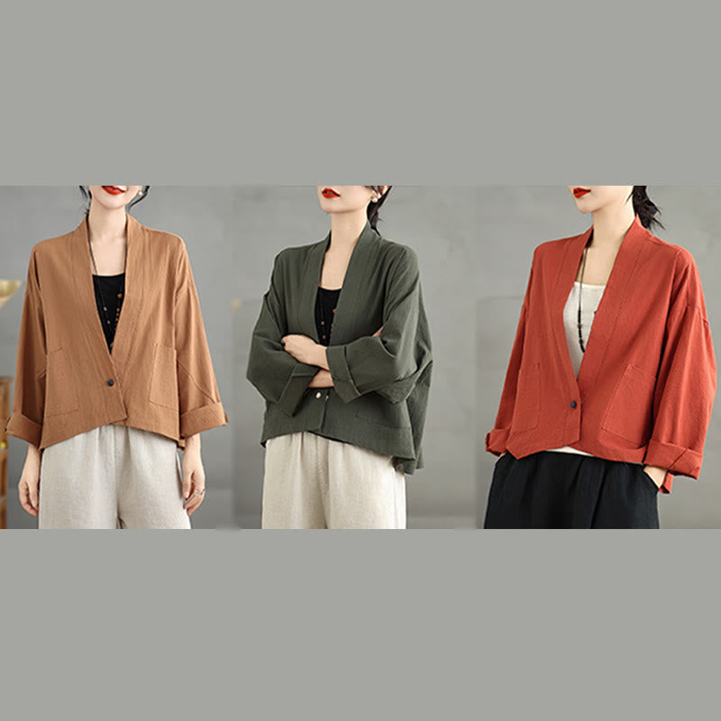 Buddha Stones Casual Vintage Plain Long Sleeve Open Front Cardigan Cotton Linen Jacket With Pockets - image 20