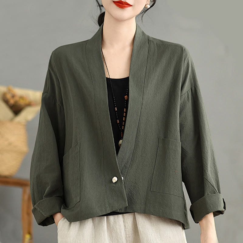 Buddha Stones Casual Vintage Plain Long Sleeve Open Front Cotton Linen Jacket With Pockets - image 14