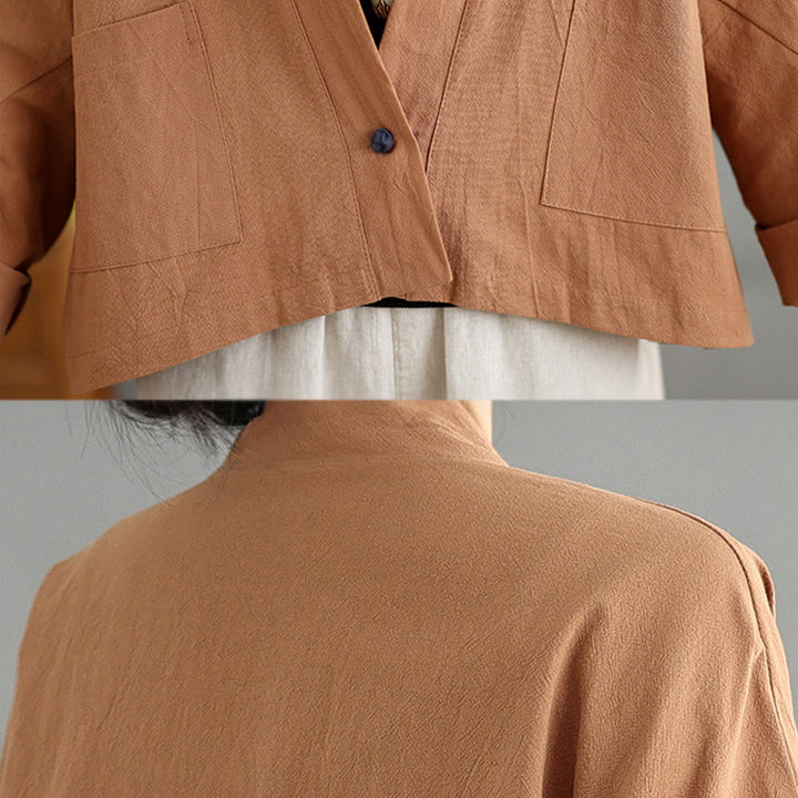 Buddha Stones Casual Vintage Plain Long Sleeve Open Front Cotton Linen Jacket With Pockets - image 7