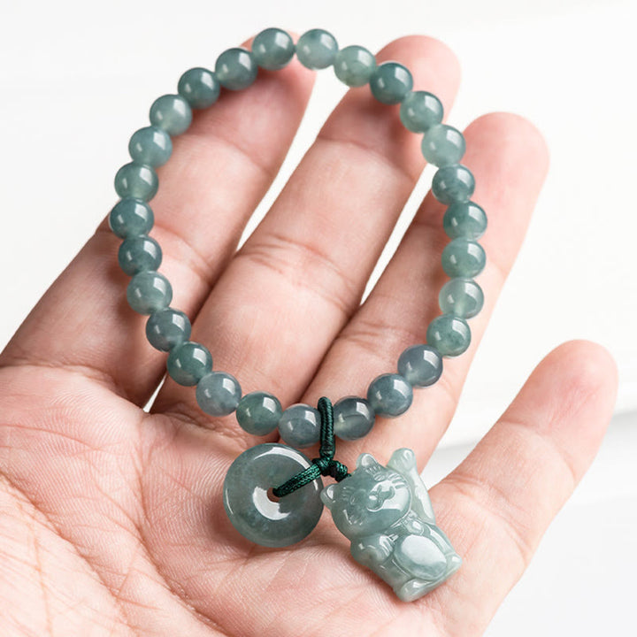 Buddha Stones Blue Jade Peace Buckle Lucky Cat Prosperity Bracelet - image 3