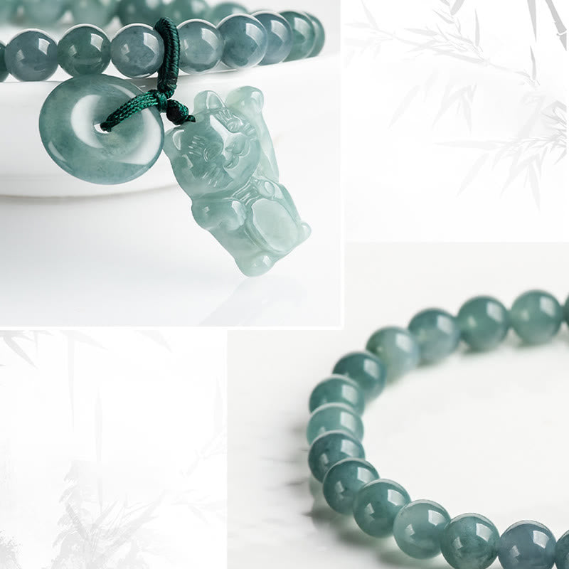 Buddha Stones Blue Jade Peace Buckle Lucky Cat Prosperity Bracelet - image 8