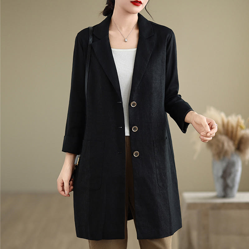 Buddha Stones Casual Fall Buttons Design Lapel Women's Cotton Linen Coat With Pockets - image 3