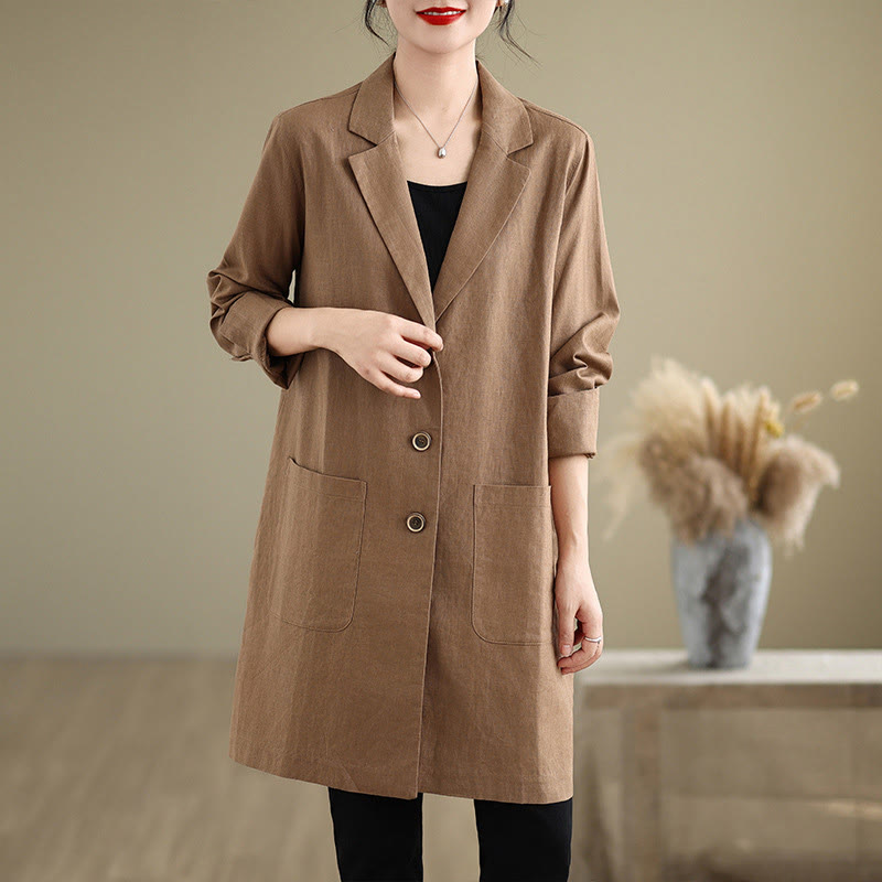 Buddha Stones Casual Fall Buttons Design Lapel Women's Cotton Linen Coat With Pockets - image 7