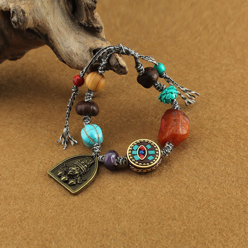 Buddha Stones Tibetan Buddha's Eye Turquoise Lotus Zakiram Protection Rope Bracelet - Buddha's Eye & Zakiram(Wrist Circumference: 16-22cm) - image 0
