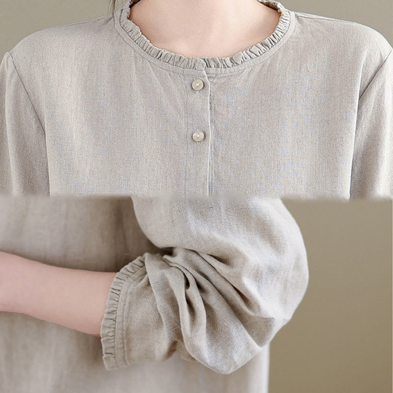 Buddha Stones Spring Solid Color Buttons Design Ruffled Crew Neck Women's Shirt - image 15