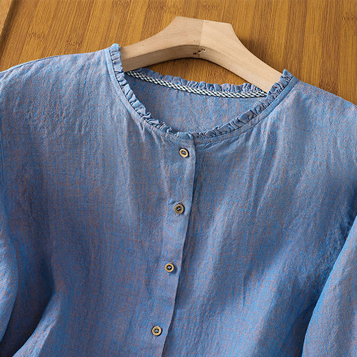 Buddha Stones Spring Solid Color Buttons Design Ruffled Crew Neck Women's Shirt - image 17