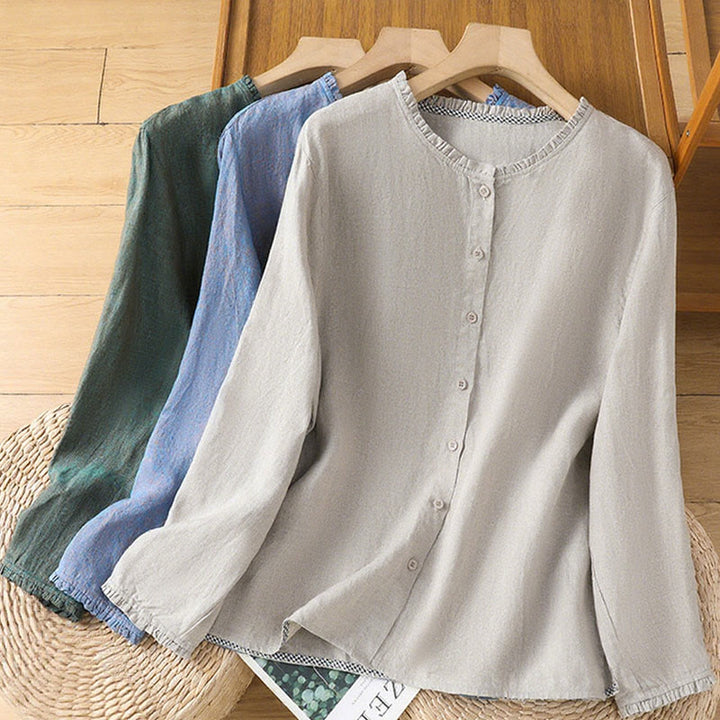 Buddha Stones Spring Solid Color Buttons Design Ruffled Crew Neck Women's Shirt - image 19