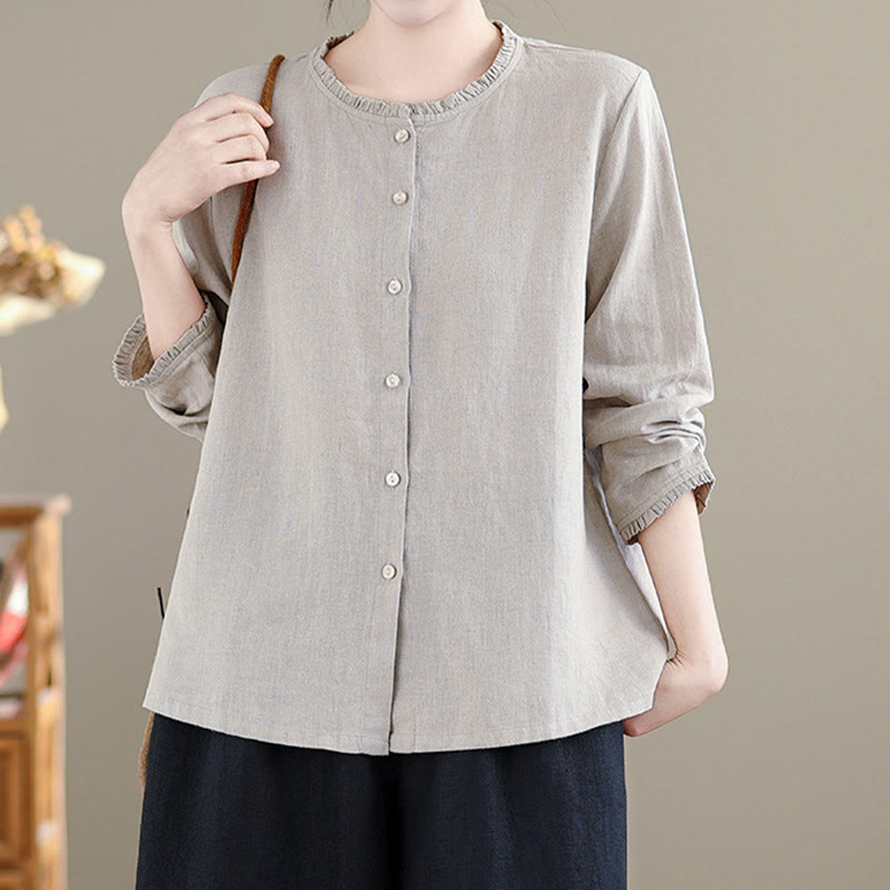 Buddha Stones Spring Solid Color Buttons Design Ruffled Crew Neck Women's Shirt - image 12