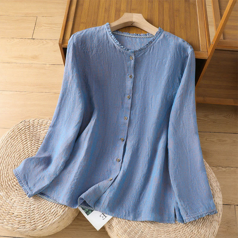 Buddha Stones Spring Solid Color Buttons Design Ruffled Crew Neck Women's Shirt - CornflowerBlue - US14，UK/AU18，EU46 (2XL) - image 16