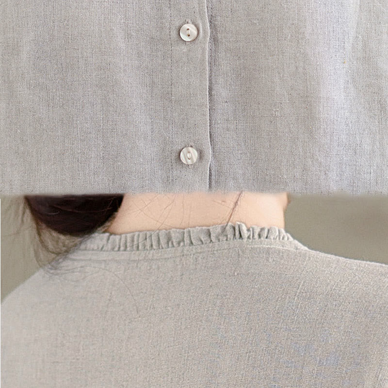 Buddha Stones Spring Solid Color Buttons Design Ruffled Crew Neck Women's Shirt - image 14