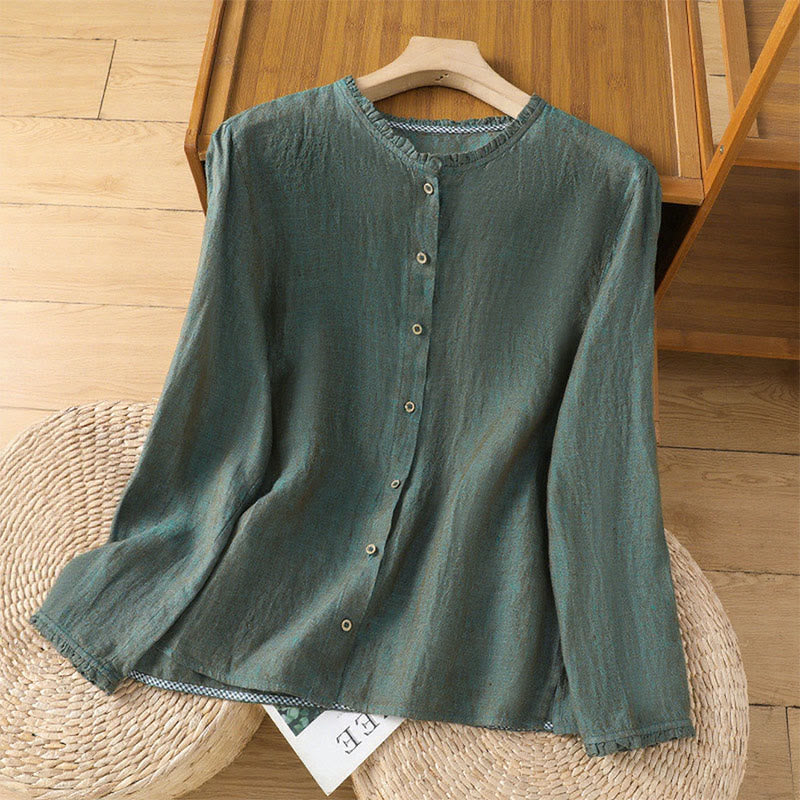 Buddha Stones Spring Solid Color Buttons Design Ruffled Crew Neck Women's Shirt - SeaGreen - US14，UK/AU18，EU46 (2XL) - image 0