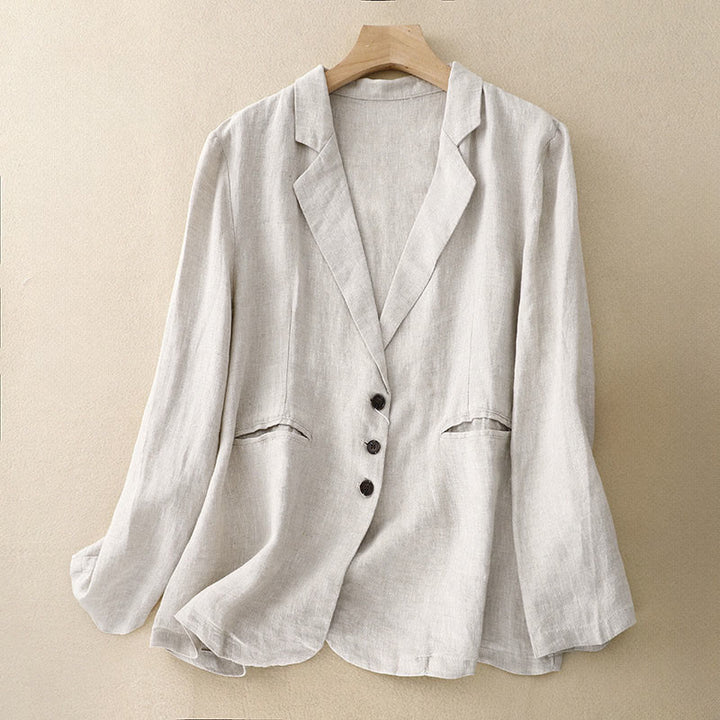 Buddha Stones Commute Retro Pure Color Lapel Cotton Linen Women's Jacket With Pockets - FloralWhite - US14，UK/AU18，EU46 (2XL) - image 7
