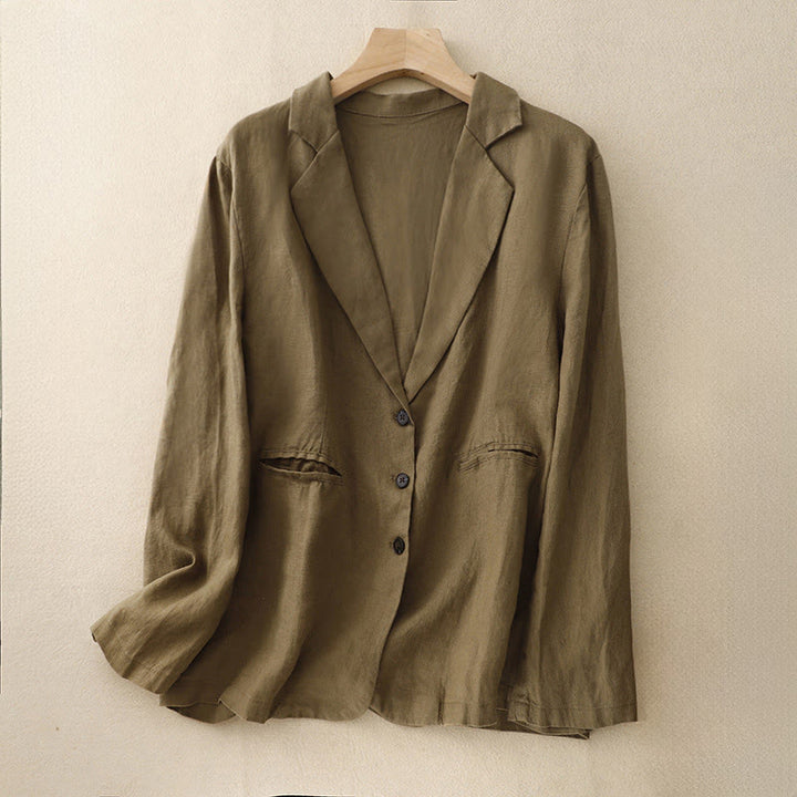 Buddha Stones Commute Retro Pure Color Lapel Cotton Linen Women's Jacket With Pockets - DarkGoldenrod - US14，UK/AU18，EU46 (2XL) - image 0