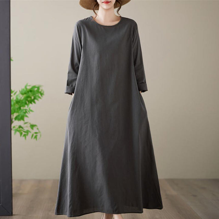 Buddha Stones Casual Plain Crew Neck Cotton Linen Midi Dress With Pockets - DimGray - US14，UK/AU18，EU46 (3XL) - image 0