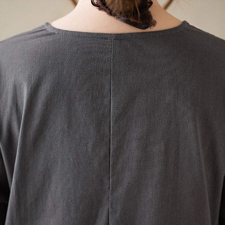 Buddha Stones Casual Plain Crew Neck Cotton Linen Midi Dress With Pockets - image 11