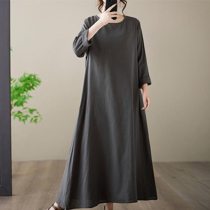 Buddha Stones Casual Plain Crew Neck Cotton Linen Midi Dress With Pockets - image 4