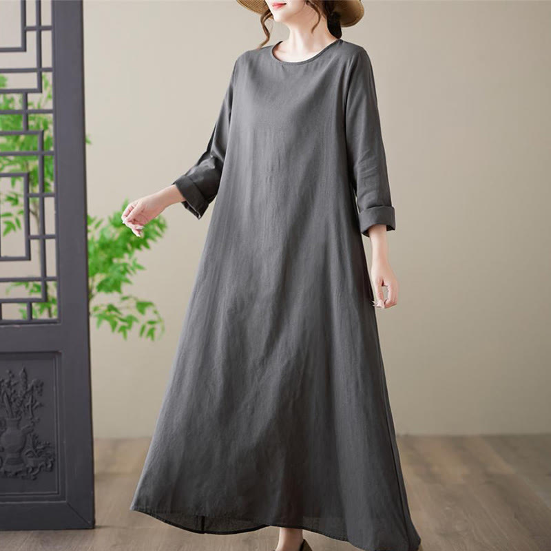 Buddha Stones Casual Plain Crew Neck Cotton Linen Midi Dress With Pockets - image 3