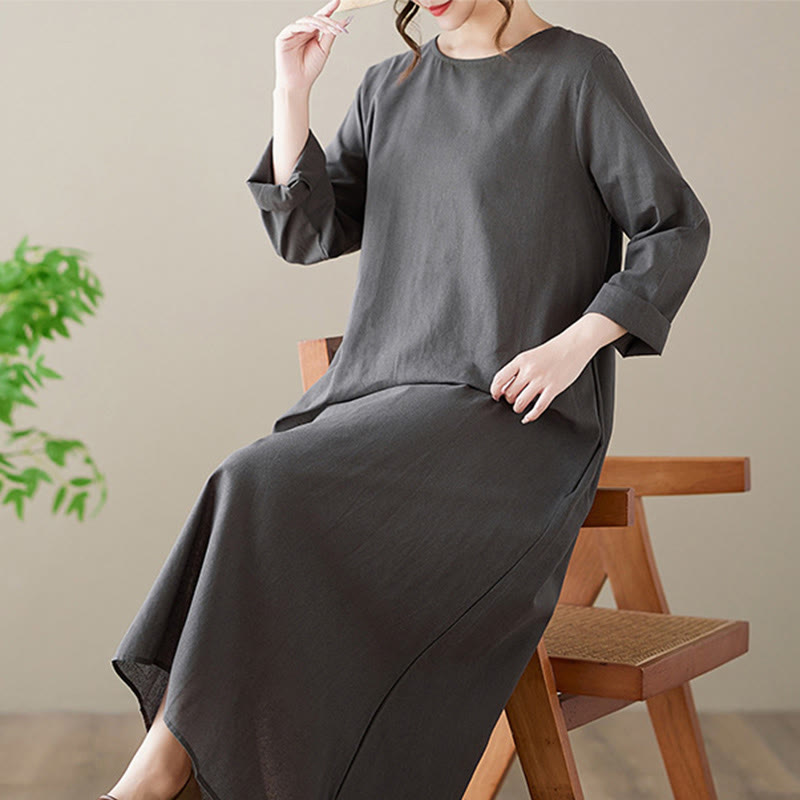 Buddha Stones Casual Plain Crew Neck Cotton Linen Midi Dress With Pockets - image 6