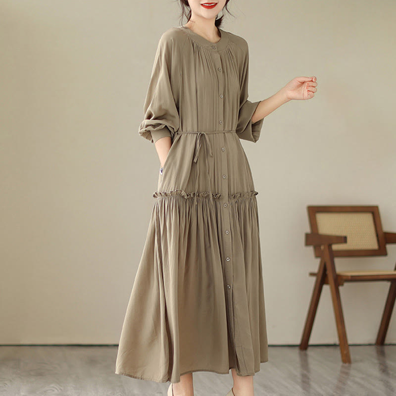 Buddha Stones Casual Plain Crew Neck Pleated Polyester Midi Dress With Pockets - image 3