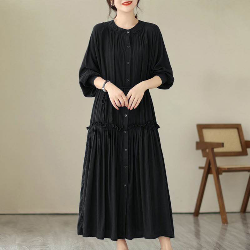 Buddha Stones Casual Plain Crew Neck Pleated Polyester Midi Dress With Pockets - Black - US4-6，UK/AU8-10，EU36-38 (F) - image 6