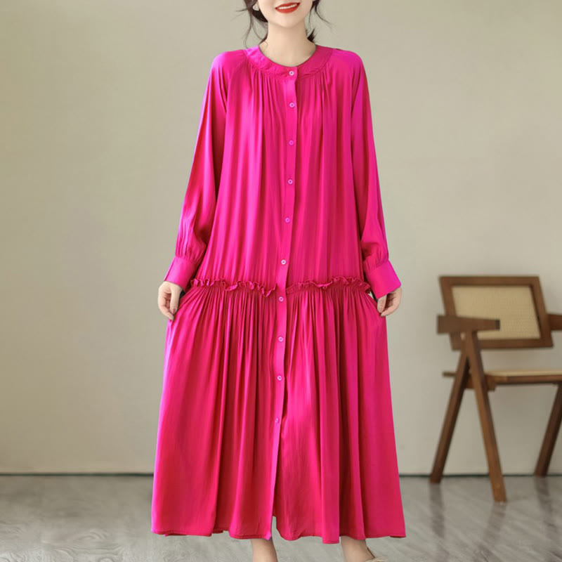 Buddha Stones Casual Plain Crew Neck Pleated Polyester Midi Dress With Pockets - DeepPink - US4-6，UK/AU8-10，EU36-38 (F) - image 8