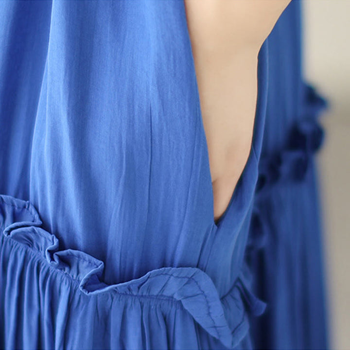 Buddha Stones Casual Plain Crew Neck Pleated Polyester Midi Dress With Pockets - image 19